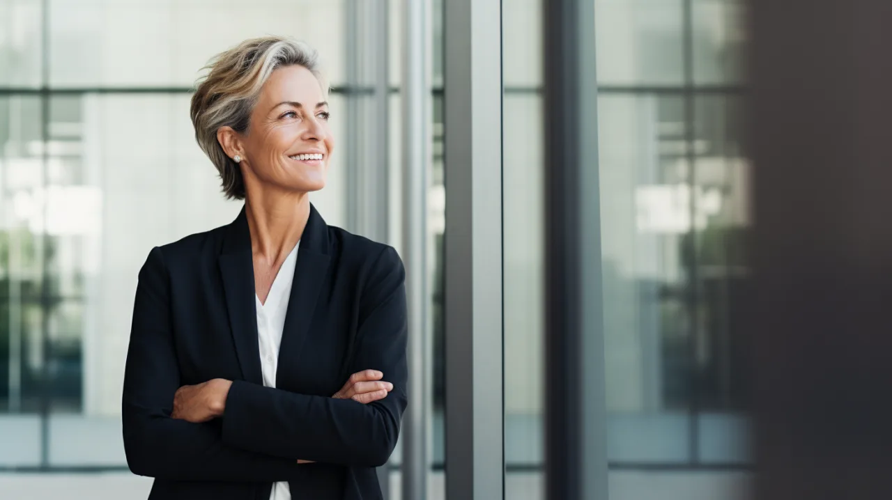 Portrait réfléchi d'une dirigeante derrière une vitre de salle de conférence — narration pour rapport annuel et relations investisseurs.